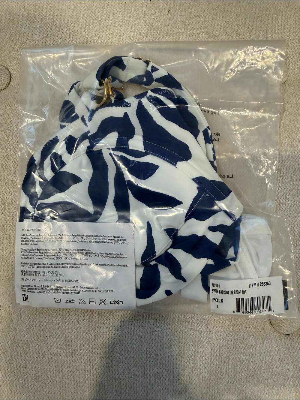 Hanky Panky White and Navy Print Bikini Top